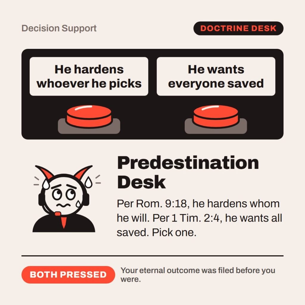Hellpdesk two buttons card. A cartoon support agent with horns and a headset sweats over two buttons: He hardens whoever he picks and He wants everyone saved. The agent is labelled: Predestination Desk. “…whom he will he hardeneth.” (Romans 9:18 (KJV)) “Who will have all men to be saved…” (1 Timothy 2:4 (KJV)) Per Rom. 9:18, he hardens whom he will. Per 1 Tim. 2:4, he wants all saved. Pick one. Status: Both pressed.