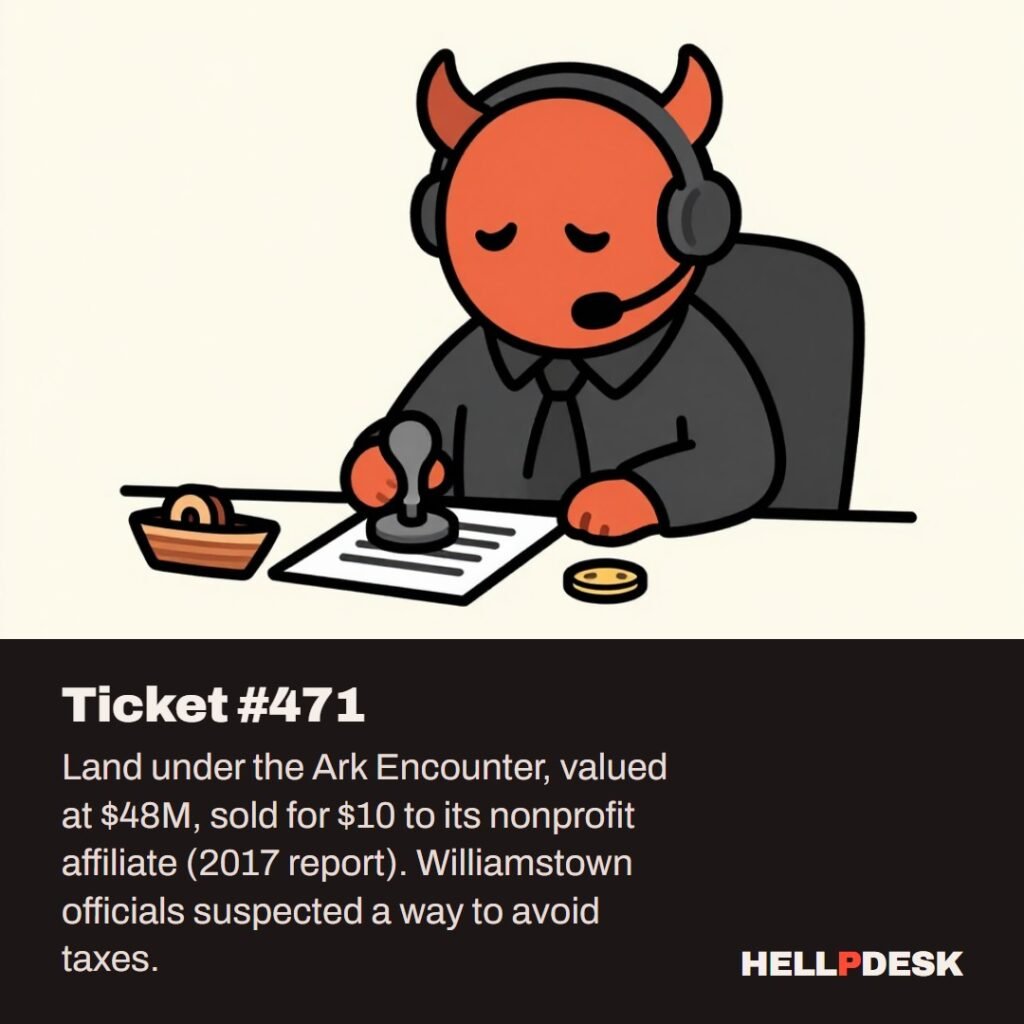 Cartoon illustration: A tired cartoon demon in a headset sits at a support desk, stamping a paper next to a small toy wooden boat and a single coin on the desk. Caption: Ticket #471. Land under the Ark Encounter, valued at $48M, sold for $10 to its nonprofit affiliate (2017 report). Williamstown officials suspected a way to avoid taxes.