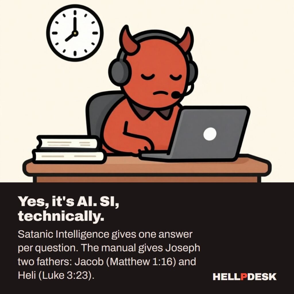 Cartoon illustration: A tired cartoon demon wearing a headset sits at a support desk with a laptop, next to two thick open books lying side by side. A wall clock hangs behind the desk. Caption: Yes, it's AI. SI, technically. Satanic Intelligence gives one answer per question. The manual gives Joseph two fathers: Jacob (Matthew 1:16) and Heli (Luke 3:23).