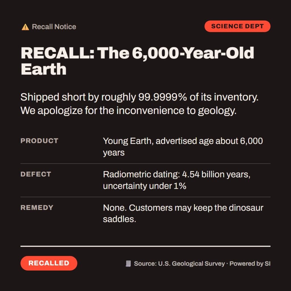 Hellpdesk recall notice card. RECALL: The 6,000-Year-Old Earth. Product: Young Earth, advertised age about 6,000 years. Defect: Radiometric dating: 4.54 billion years, uncertainty under 1%. Remedy: None. Customers may keep the dinosaur saddles. Shipped short by roughly 99.9999% of its inventory. We apologize for the inconvenience to geology. Status: Recalled.