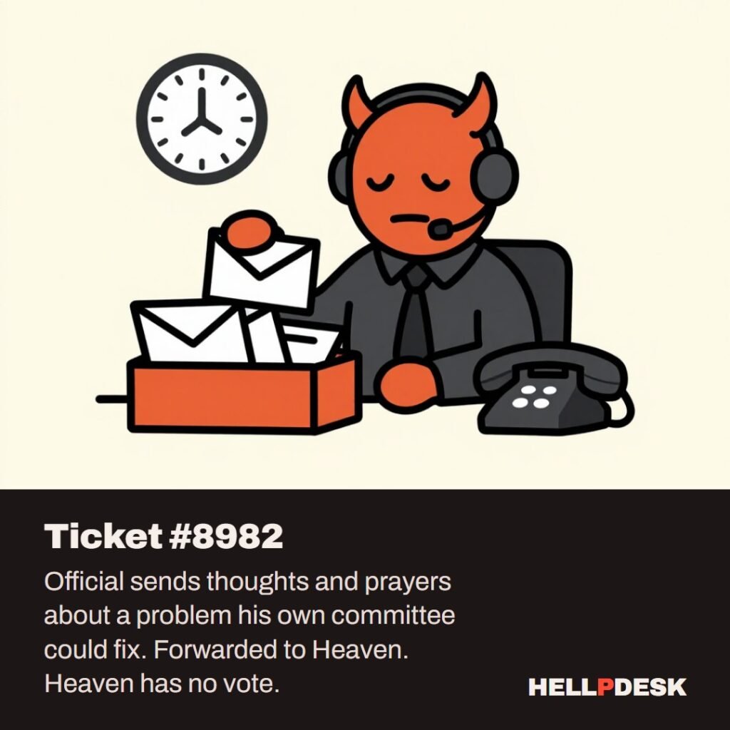 Cartoon illustration: A tired cartoon demon in a headset sits at a support desk, dropping one more envelope onto a huge overflowing outbox tray, while a wall clock and an unanswered desk phone sit beside it. Caption: Ticket #8982. Official sends thoughts and prayers about a problem his own committee could fix. Forwarded to Heaven. Heaven has no vote.
