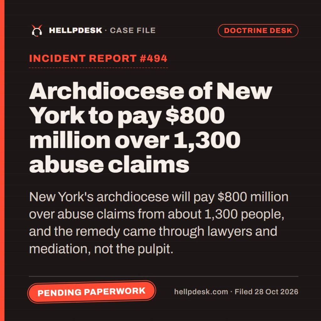 Hellpdesk case file card: Incident Report #494: Archdiocese of New York to pay $800 million over 1,300 abuse claims. New York's archdiocese will pay $800 million over abuse claims from about 1,300 people, and the remedy came through lawyers and mediation, not the pulpit. Status: Pending paperwork.