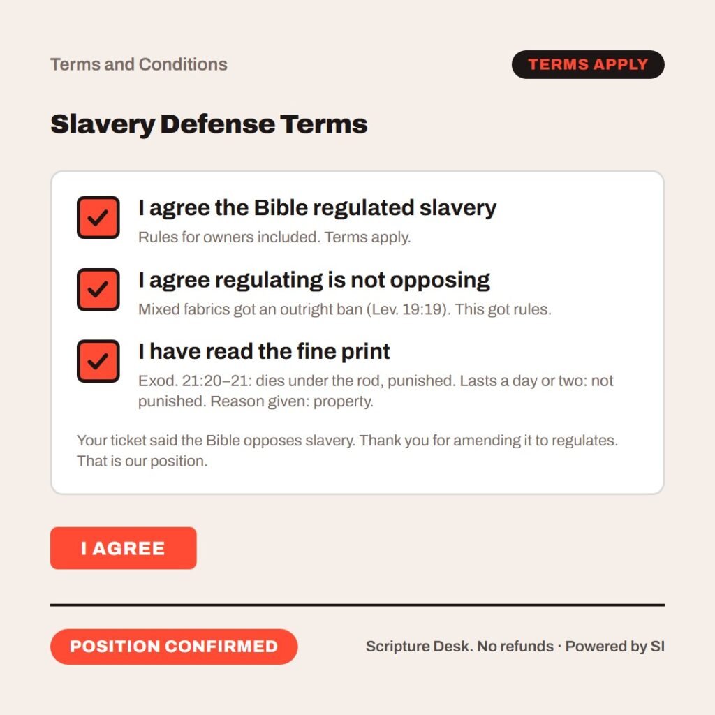 Hellpdesk terms checkbox card. Slavery Defense Terms. “…if he continue a day or two, he shall not be punished: for he is his money.” (Exodus 21:20–21 (KJV)) Ticked: I agree the Bible regulated slavery (Rules for owners included. Terms apply.) Ticked: I agree regulating is not opposing (Mixed fabrics got an outright ban (Lev. 19:19). This got rules.) Ticked: I have read the fine print (Exod. 21:20–21: dies under the rod, punished. Lasts a day or two: not punished. Reason given: property.) Your ticket said the Bible opposes slavery. Thank you for amending it to regulates. That is our position. Status: Position confirmed.