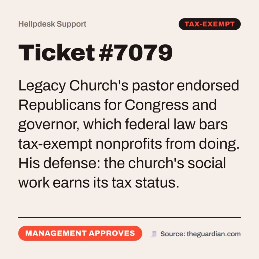 Hellpdesk support ticket card. Ticket #7079. Legacy Church's pastor endorsed Republicans for Congress and governor, which federal law bars tax-exempt nonprofits from doing. His defense: the church's social work earns its tax status. Status: Management approves.