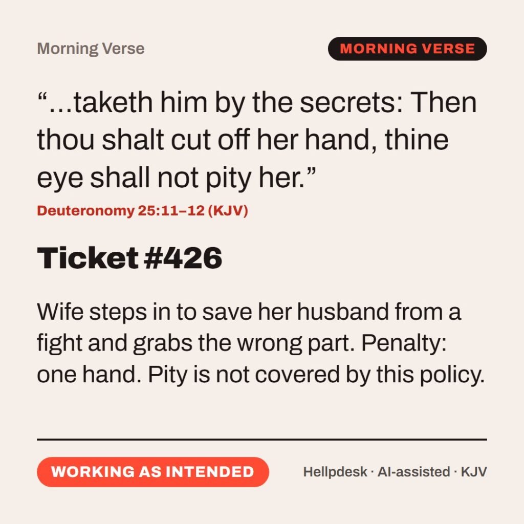 Hellpdesk morning verse card. Ticket #426. “…taketh him by the secrets: Then thou shalt cut off her hand, thine eye shall not pity her.” (Deuteronomy 25:11–12 (KJV)) Wife steps in to save her husband from a fight and grabs the wrong part. Penalty: one hand. Pity is not covered by this policy. Status: Working as intended.