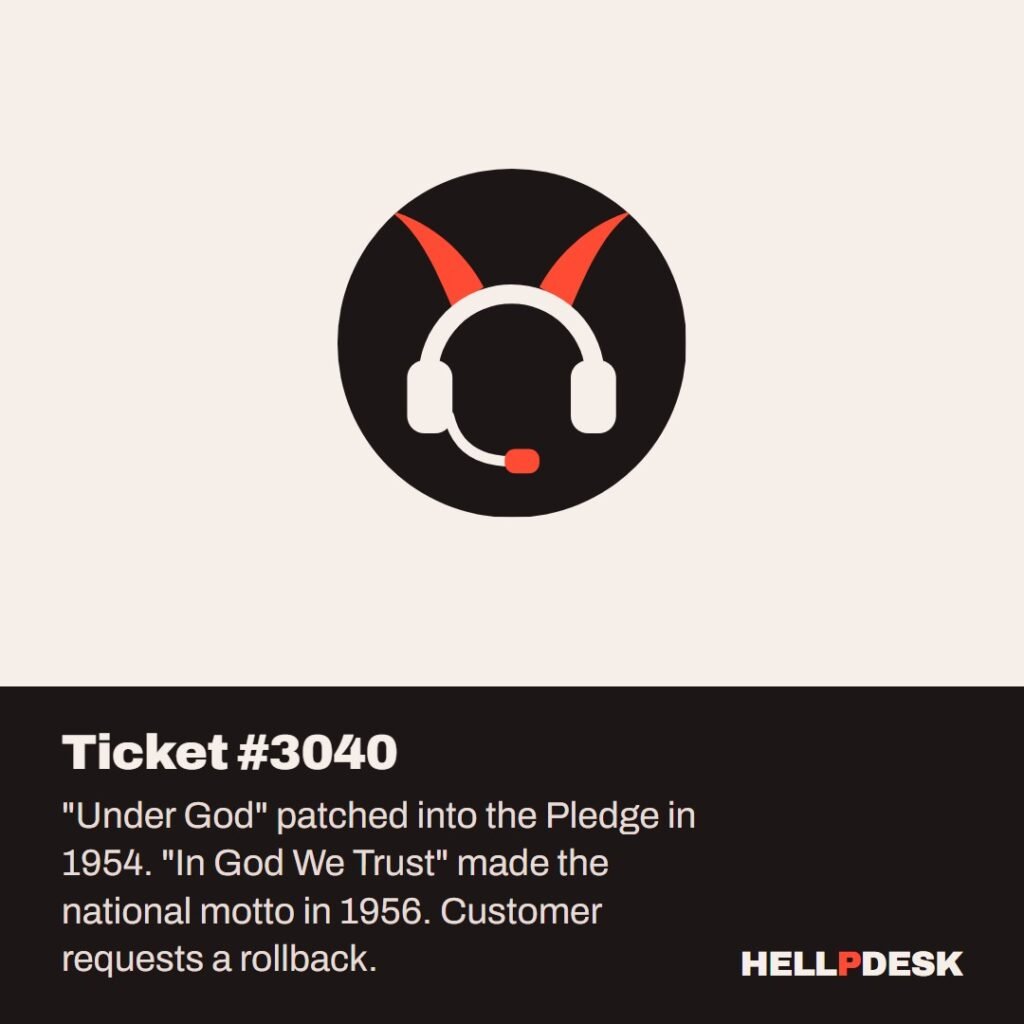 Cartoon illustration: A tired cartoon demon with a headset sits at a support desk with a small flag in a holder, slamming a big rubber stamp onto a form while a tall stack of paperwork waits beside him. Caption: Ticket #3040.