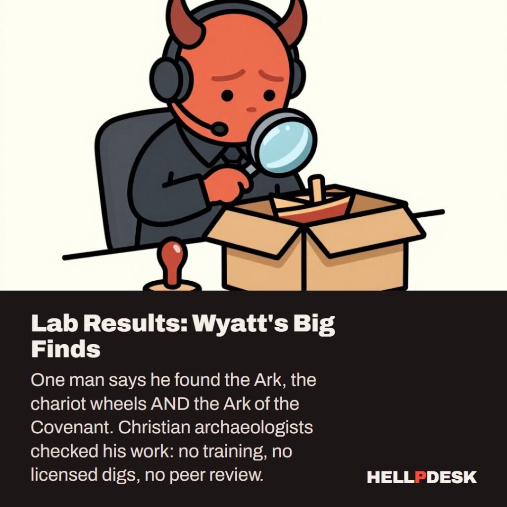 Cartoon illustration: A tired cartoon demon in a headset sits at a support desk, peering through a magnifying glass at a tiny toy wooden boat inside an open cardboard evidence box, with a rubber stamp resting beside it. Caption: Lab Results: Wyatt's Big Finds.