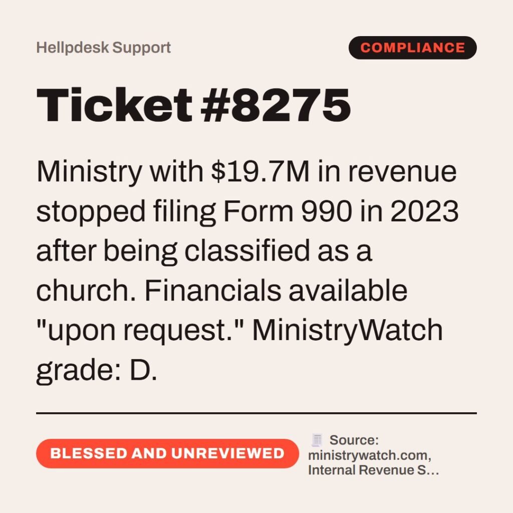 Hellpdesk support ticket card. Ticket #8275. Ministry with $19.7M in revenue stopped filing Form 990 in 2023 after being classified as a church. Financials available "upon request." MinistryWatch grade: D. Status: Blessed and unreviewed.