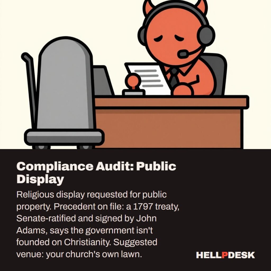Cartoon illustration: A tired cartoon demon in a headset sits at an office desk, holding a rubber stamp over a paper form, while a blank grey stone monument waits beside the desk on a hand truck. Caption: Compliance Audit: Public Display.