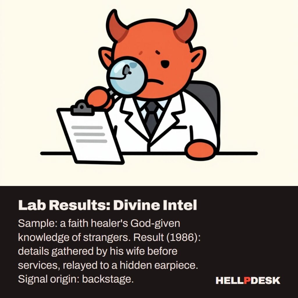 Cartoon illustration: A tired cartoon demon in a lab coat sits at a desk peering at a tiny earpiece through a large magnifying glass, with a clipboard beside him. Caption: Lab Results: Divine Intel.
