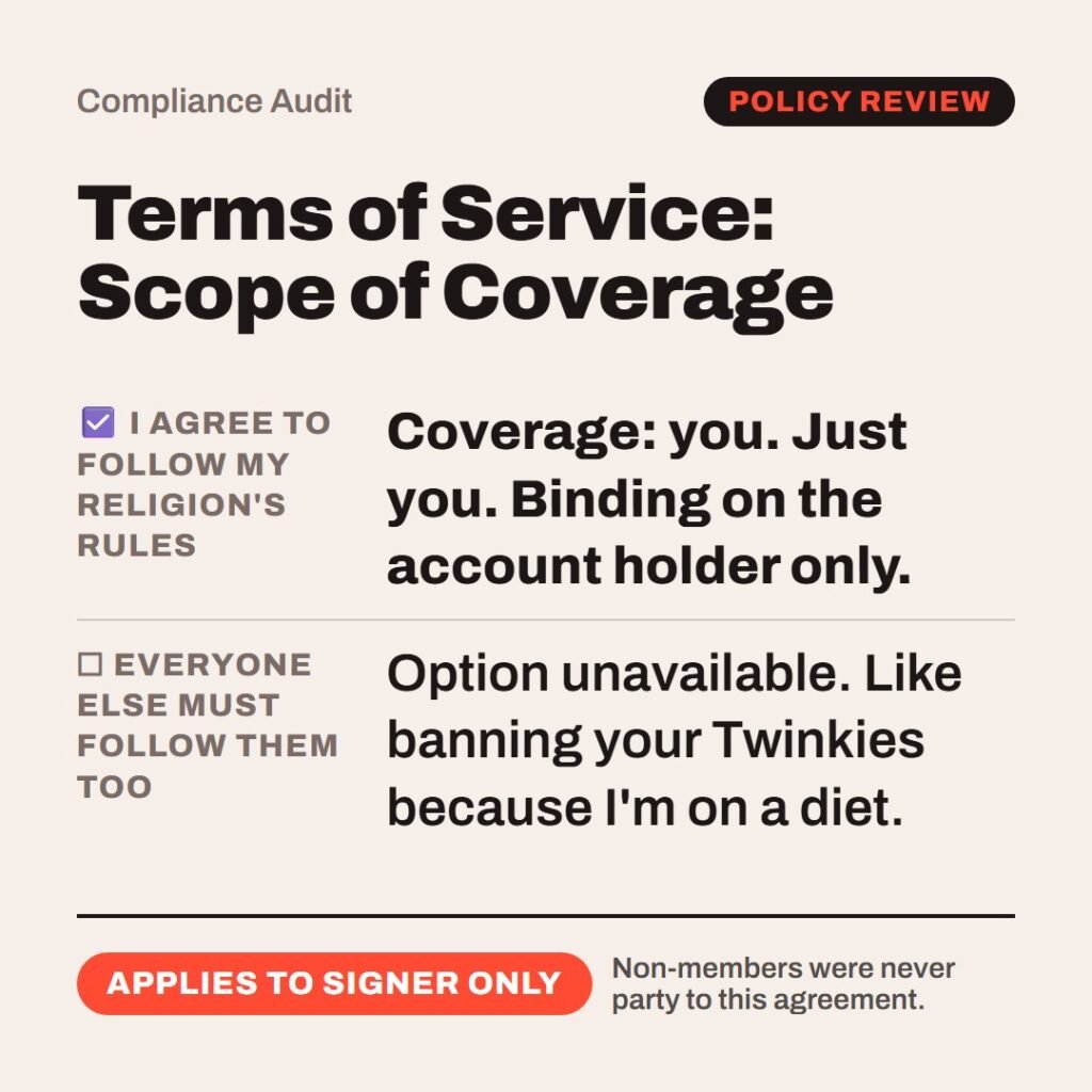 Hellpdesk compliance audit card. Terms of Service: Scope of Coverage. ☑ I agree to follow my religion's rules: Coverage: you. Just you. Binding on the account holder only. ☐ Everyone else must follow them too: Option unavailable. Like banning your Twinkies because I'm on a diet. Status: Applies to signer only.
