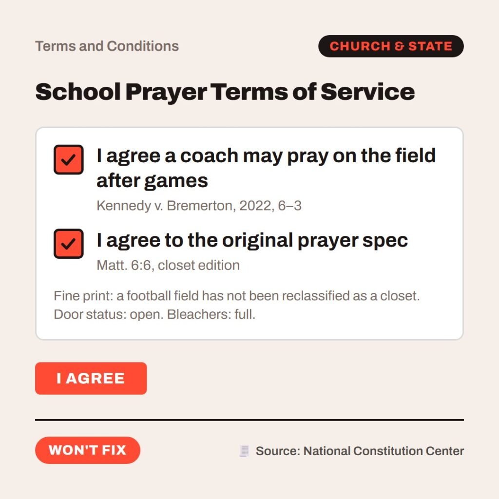 Hellpdesk terms checkbox card. School Prayer Terms of Service. “…enter into thy closet, and when thou hast shut thy door…” (Matthew 6:6 (KJV)) Ticked: I agree a coach may pray on the field after games (Kennedy v. Bremerton, 2022, 6–3) Ticked: I agree to the original prayer spec (Matt. 6:6, closet edition) Fine print: a football field has not been reclassified as a closet. Door status: open. Bleachers: full. Status: Won't fix.