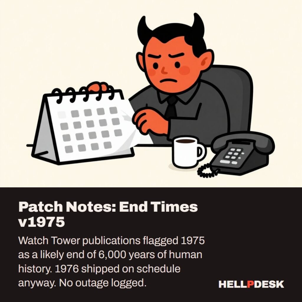 Cartoon illustration: A tired cartoon demon sitting at a support desk, tearing a page off a big desk calendar, with a coffee mug and an office phone beside it. Caption: Patch Notes: End Times v1975.