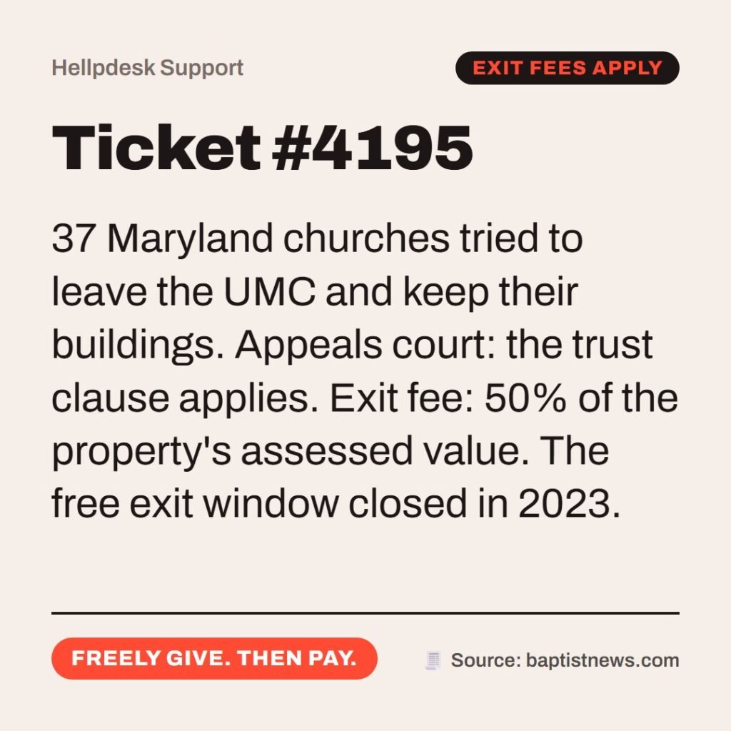 Hellpdesk support ticket card. Ticket #4195. “…freely ye have received, freely give.” (Matthew 10:8 (KJV)) 37 Maryland churches tried to leave the UMC and keep their buildings. Appeals court: the trust clause applies. Exit fee: 50% of the property's assessed value. The free exit window closed in 2023. Status: Freely give. then pay.
