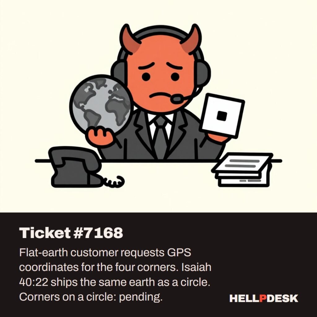 Cartoon illustration: A tired cartoon demon wearing a headset sits at a support desk, holding a round globe in one hand and a square floor tile in the other, with a desk phone and a pile of paperwork beside him. Caption: Ticket #7168. Flat-earth customer requests GPS coordinates for the four corners. Isaiah 40:22 ships the same earth as a circle. Corners on a circle: pending.