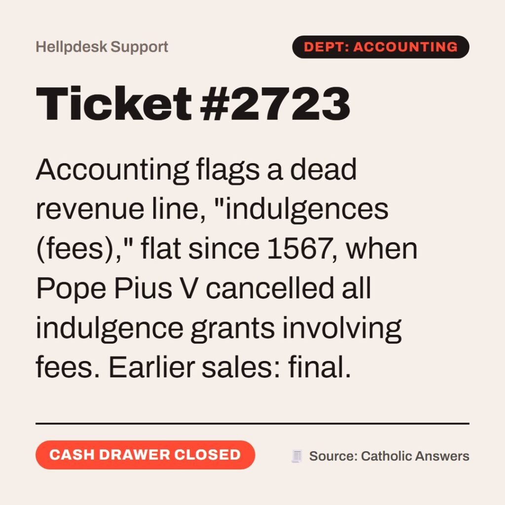 Hellpdesk support ticket card. Ticket #2723. Accounting flags a dead revenue line, "indulgences (fees)," flat since 1567, when Pope Pius V cancelled all indulgence grants involving fees. Earlier sales: final. Status: Cash drawer closed.